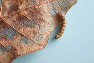 A caterpillar crawls on a brown detailed leaf against a plain backdrop