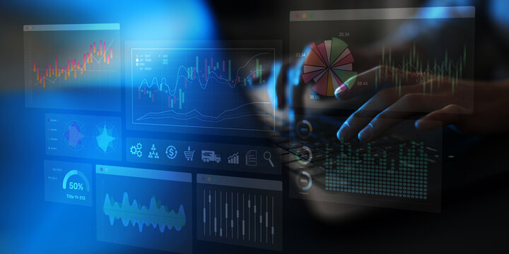 Financial Analytics Dashboard and Market Data Visualization on Digital Tablet.