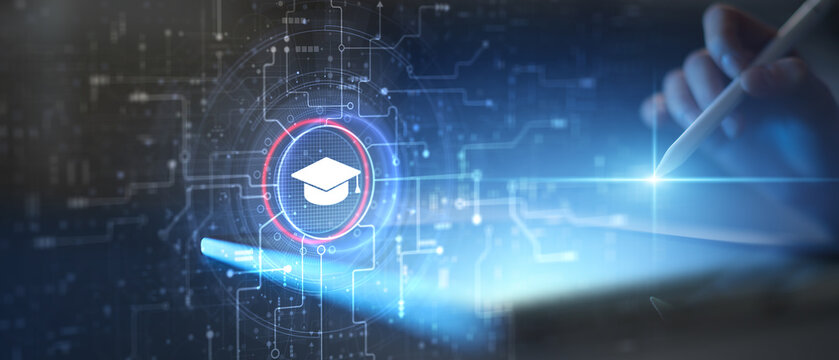 E-learning and Digital Education Platform Illustrated on Futuristic Interface.