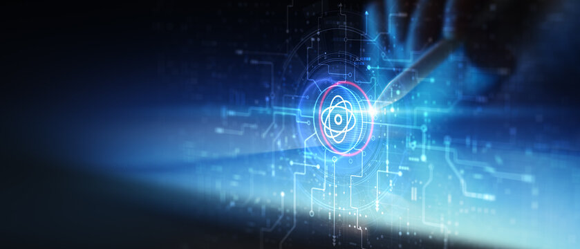 Quantum Computing and Atomic Energy Symbol Illustrated on Futuristic Digital Interface.