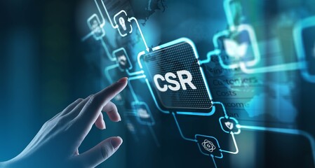 CSR Corporate Social Responsibility Promoting Ethical Practices and Community Engagement, projection on a virtual screen, Business and Technology Concept.