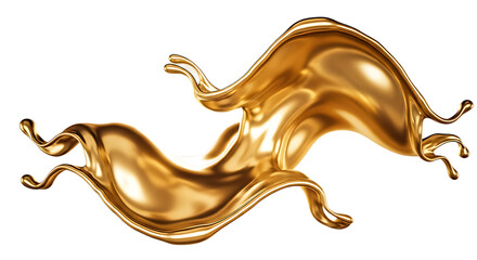 Dynamic splash of liquid gold metal isolated on transparent background