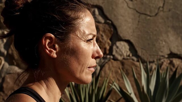 Profile shot of a woman with her hair tied back, looking intently to the right, with a stone wall and agave plants in the background under warm light.