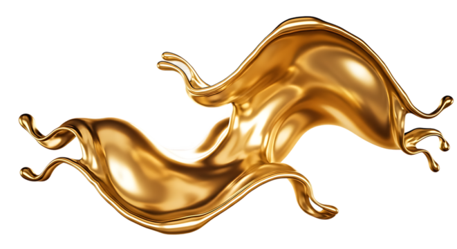 Dynamic splash of liquid gold metal isolated on transparent background