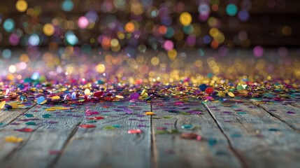happy new year 2025 celebration greeting card with colorful confetti and reflection of the colors on wooden desk wall
