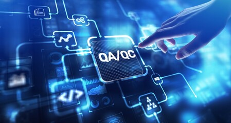 QA QC Quality Assurance and Quality Control for Product Excellence, projection on a virtual screen, Business and Technology Concept.