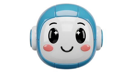 Cute blue robot head with big sparkling eyes isolated on transparent background