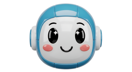 Cute blue robot head with big sparkling eyes isolated on transparent background