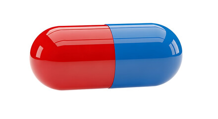 Red and blue twopiece capsule pill isolated on transparent background
