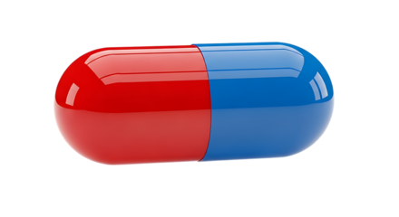 Red and blue twopiece capsule pill isolated on transparent background