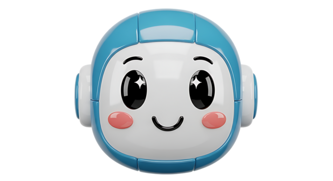 Cute blue robot head with big sparkling eyes isolated on transparent background