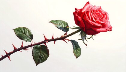 A vibrant red rose with a thorny stem and green leaves, angled against a light background