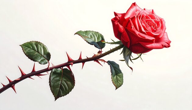 A vibrant red rose with a thorny stem and green leaves, angled against a light background - Powered by Adobe