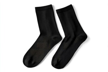 Two black socks lie on a white surface positioned sidebyside