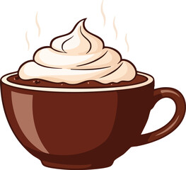 A cartoon illustration of a steaming brown mug of hot chocolate or coffee topped with a large swirl of whipped cream.