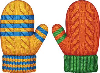 Two colorful knitted winter mittens, one yellow with blue stripes and one orange with green stripes, showing cozy texture.