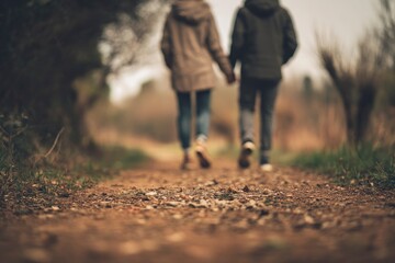 Two figures walk holding hands on a worn path Vegetation lines the sides The scene is slightly blurred emphasizing the paths texture