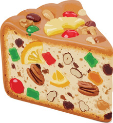 A detailed vector illustration of a slice of holiday fruitcake packed with candied fruits, nuts, and citrus peel.