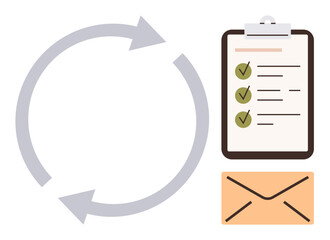 Circular arrows, checklist with marked tasks, and envelope emphasizing recurring processes and task management. Ideal for productivity, organization, workflow, communication, planning, efficiency