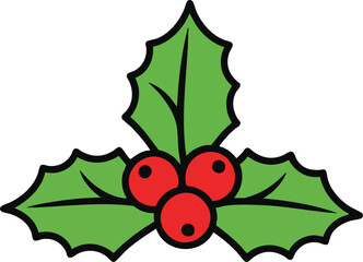 A simple cartoon illustration of three green holly leaves with three red berries.