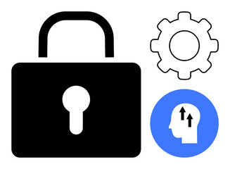 Data security concept. Visualizing data security with a lock, gear, and head icons, emphasizing safety, innovation, and technological progress. For cybersecurity, digital safety tech solutions
