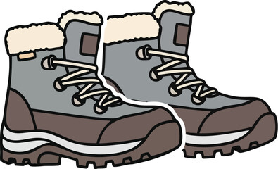 A detailed illustration of a pair of grey and brown winter hiking boots with fur lining.