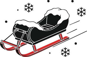 A black and red wooden sleigh covered in white snow, with snowflakes falling around it, depicted in a graphic style.