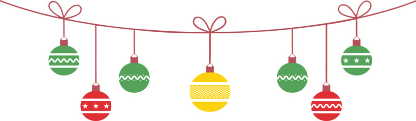 Christmas holiday string garland with decorative baubles Vector, illustration.