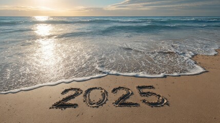 the large 2025 numbers are displayed prominently on a beach shore with gentle waves and stunning sunshine symbolizing the dawn of a new year filled with hope and possibilities