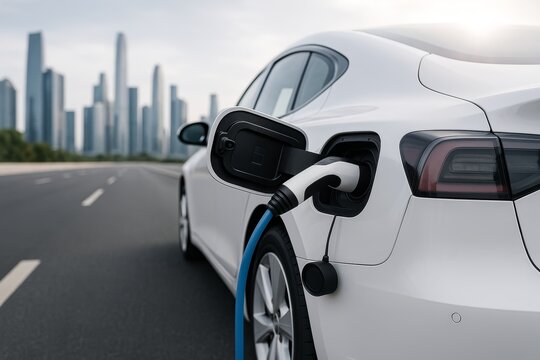 Close-up of white electric car charging on urban highway with futuristic city skyline in background during daylight, promoting green energy concept. Ai generative