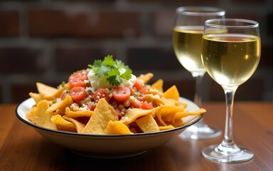 A bowl of loaded nachos with two glasses of white wine on a wooden table. High quality