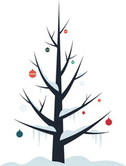 Winter holiday tree decorated with snow and ornaments Vector, illustration