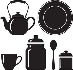 Vintage Kitchen Decor Silhouette with Enamel Teapot Jar Plate Cup Sugar Tin and Spoon