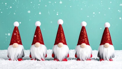 Five Christmas gnomes in red hats on snowy teal background with falling snowflakes