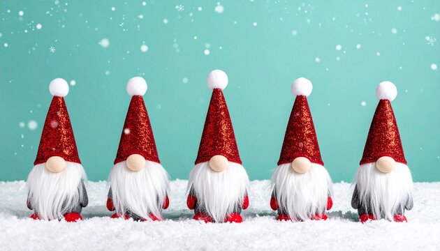 Five Christmas gnomes in red hats on snowy teal background with falling snowflakes