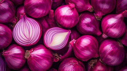 Fresh shallots and red onions arranged in vibrant display, showcasing their rich purple hues and smooth textures. image captures essence of these flavorful ingredients, perfect for culinary use