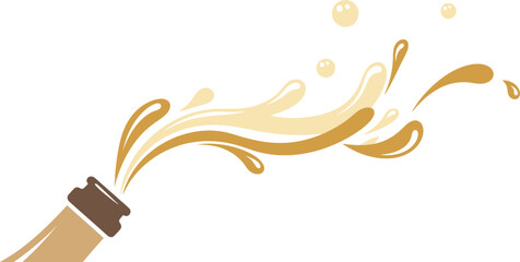 Champagne bottle with a vibrant golden liquid spray. Vector, illustration