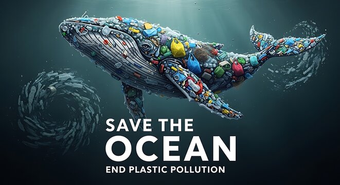 Whale composite of plastic waste symbolizes ocean pollution environmental problem