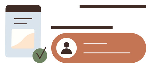 User profile card with avatar and text fields, next to a document or ID layout with a green checkmark. Ideal for identity, account management, authentication, digital forms, verification