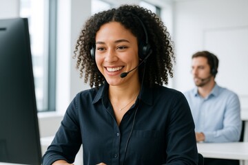 Smiling female customer support representative wearing headset working at computer in office with colleague in background during daytime work shift. Ai generative
