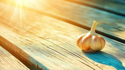 Fresh garlic bulb resting on rustic wooden surface, illuminated by warm sunlight, creating serene and inviting atmosphere. natural textures enhance beauty of this culinary staple