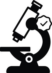 Black and white icon of a microscope with a checkmark science laboratory isolated on a white background.