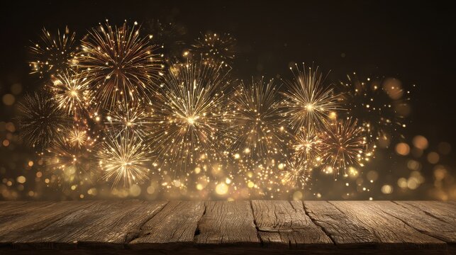 happy new year 2025 festive fireworks background golden fireworks celebration night sky dark wooden texture - Powered by Adobe
