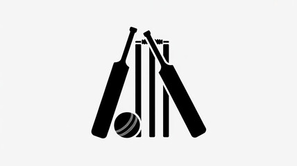 A black and white minimalist illustration of a cricket scene. The image shows two cricket stumps with bails on top, positioned vertically.