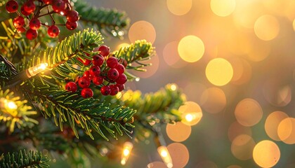 Christmas tree branch with red berries and warm lights against bokeh background