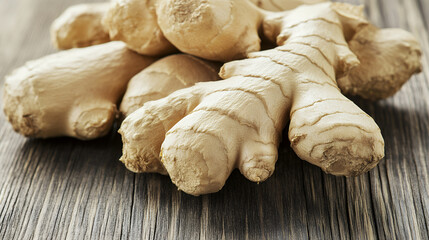 Fototapeta premium Fresh ginger root, known for its aromatic and spicy flavor, is often used cooking and herbal remedies. This showcases close up of ginger roots wooden surface, highlighting their unique texture