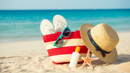 Beach Bag with Flip Flops, Sunglasses, Hat and Sunscreen on Sunny Seashore
