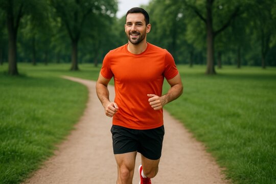 Smiling man in red shirt jogging on a curved path through green park with tall trees on a bright day, enjoying outdoor fitness lifestyle. Ai generative