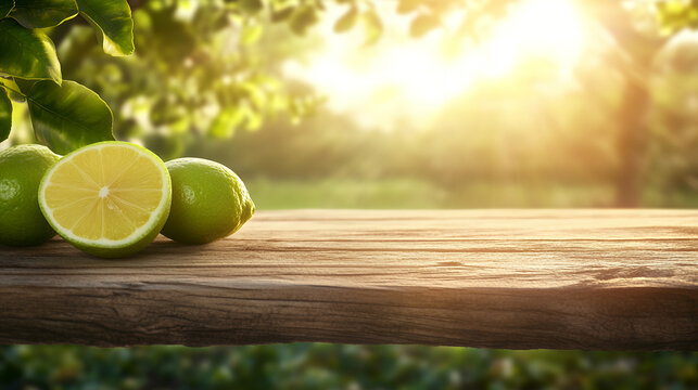 Fresh green lemons sit on wooden surface, with halved lemon revealing its juicy interior. background features sunlit garden, creating warm and inviting atmosphere