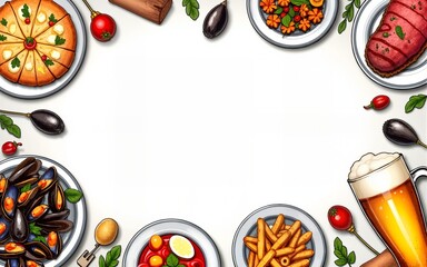 Pub food frame vector illustration. Beer, meat, mussels, fast food and snacks hand drawn. Food set for pub design top view. Vintage engraved illustration for beer restaurant. High quality